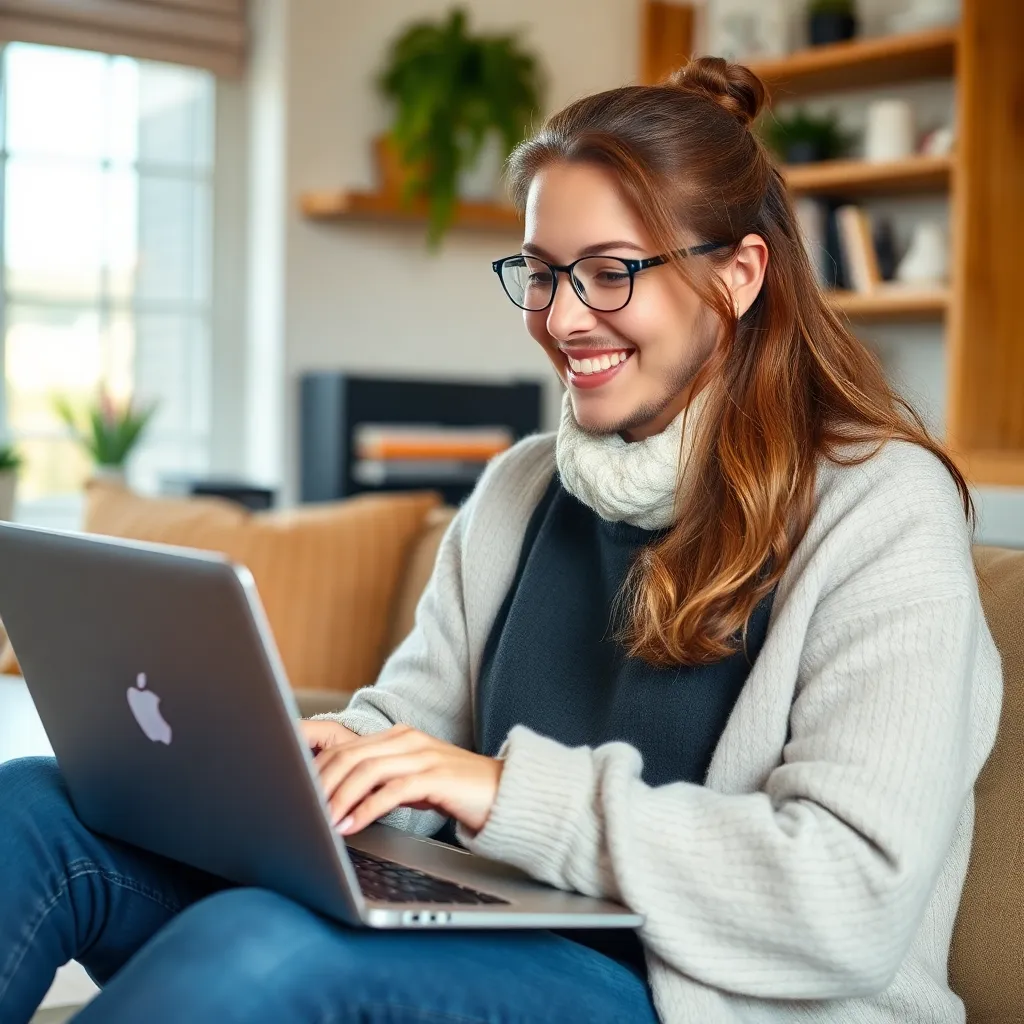 A happy freelancer working on a laptop in a cozy environment representing finding work you love with like-minded clients