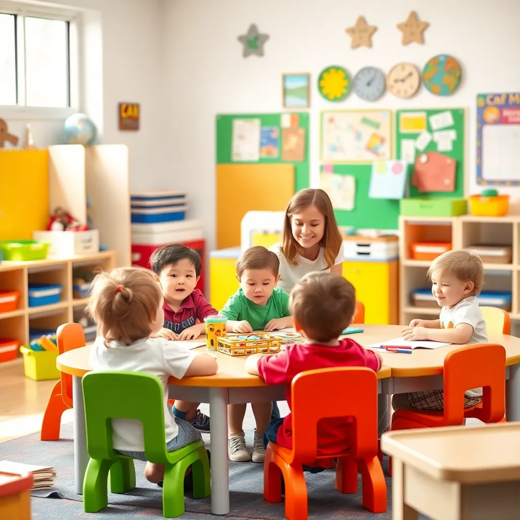 A bright and cheerful classroom scene with young children learning and playing, colorful educational materials around, and a caring teacher guiding them