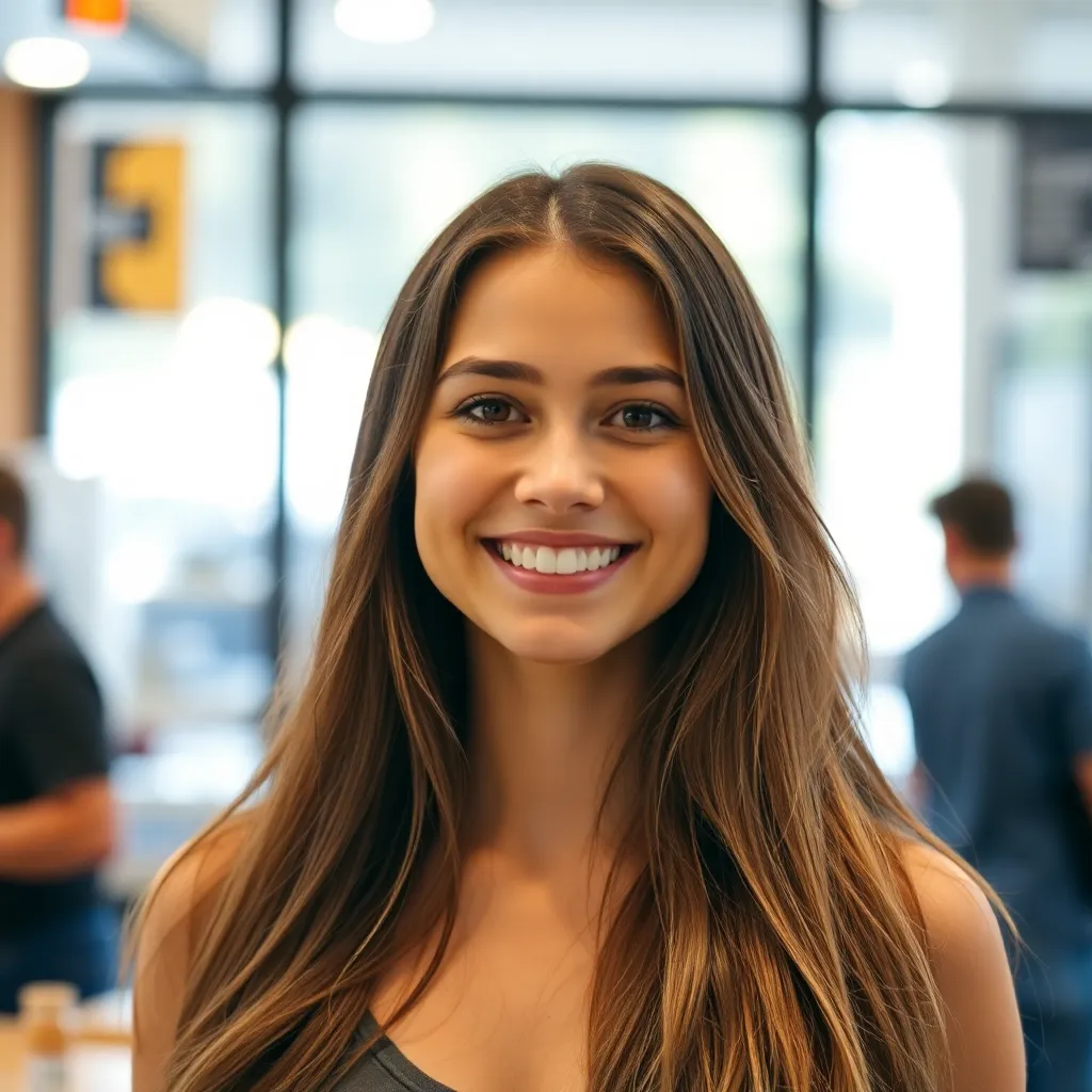Young woman with long hair smiling, representing a happy customer