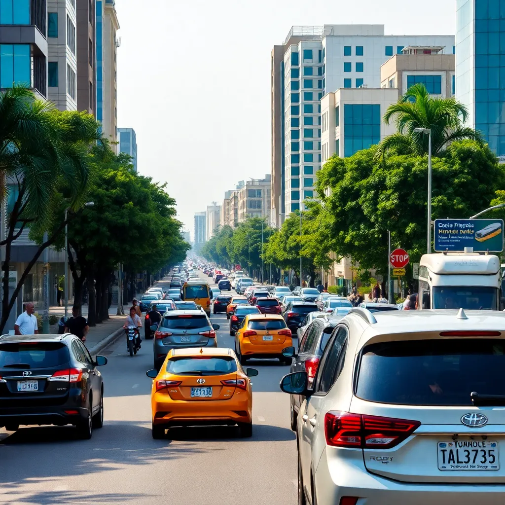 A modern Nigerian city road bustling with cars and people during daylight