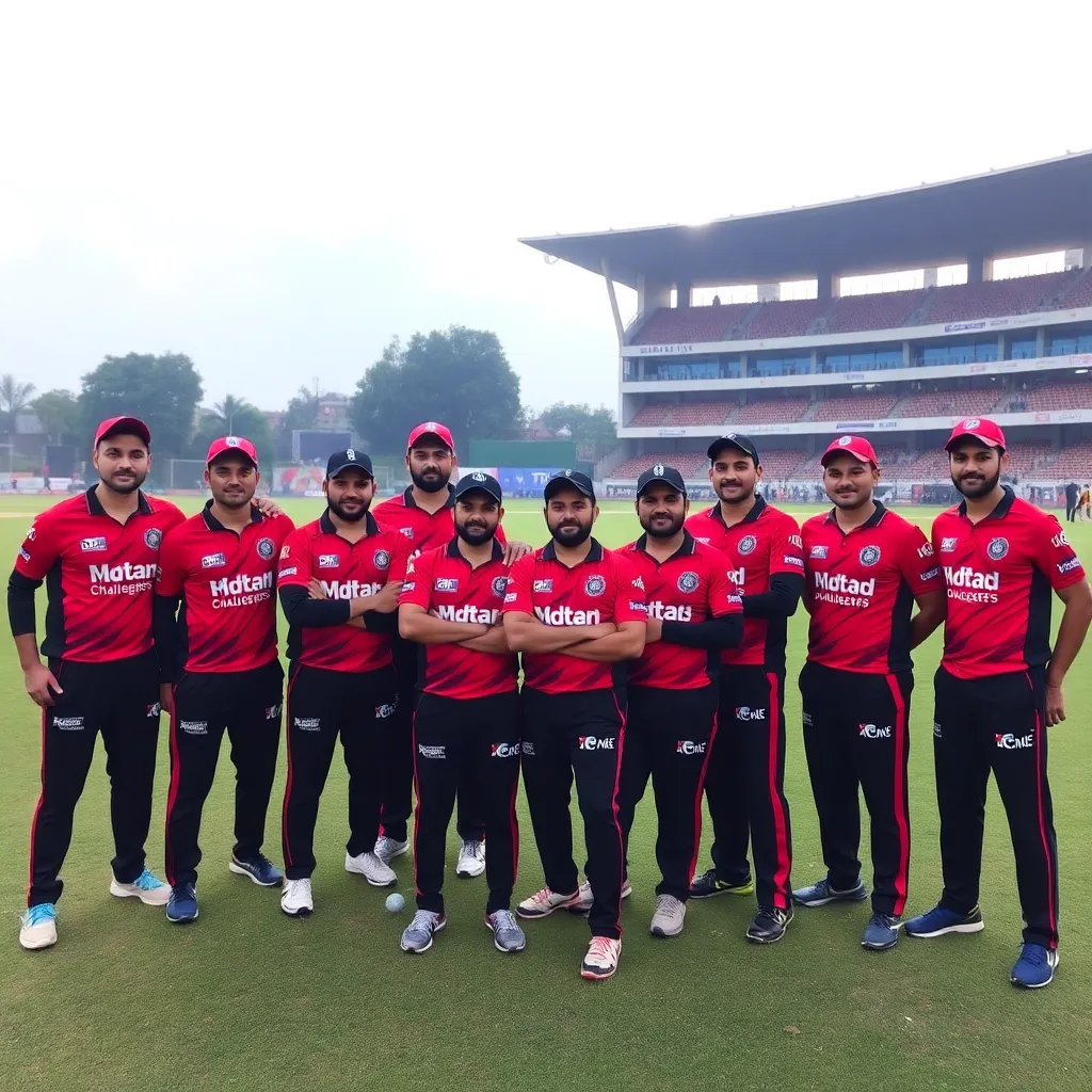 Royal Challengers Bengaluru cricket team group photo in red and black jerseys posing on the field before a match