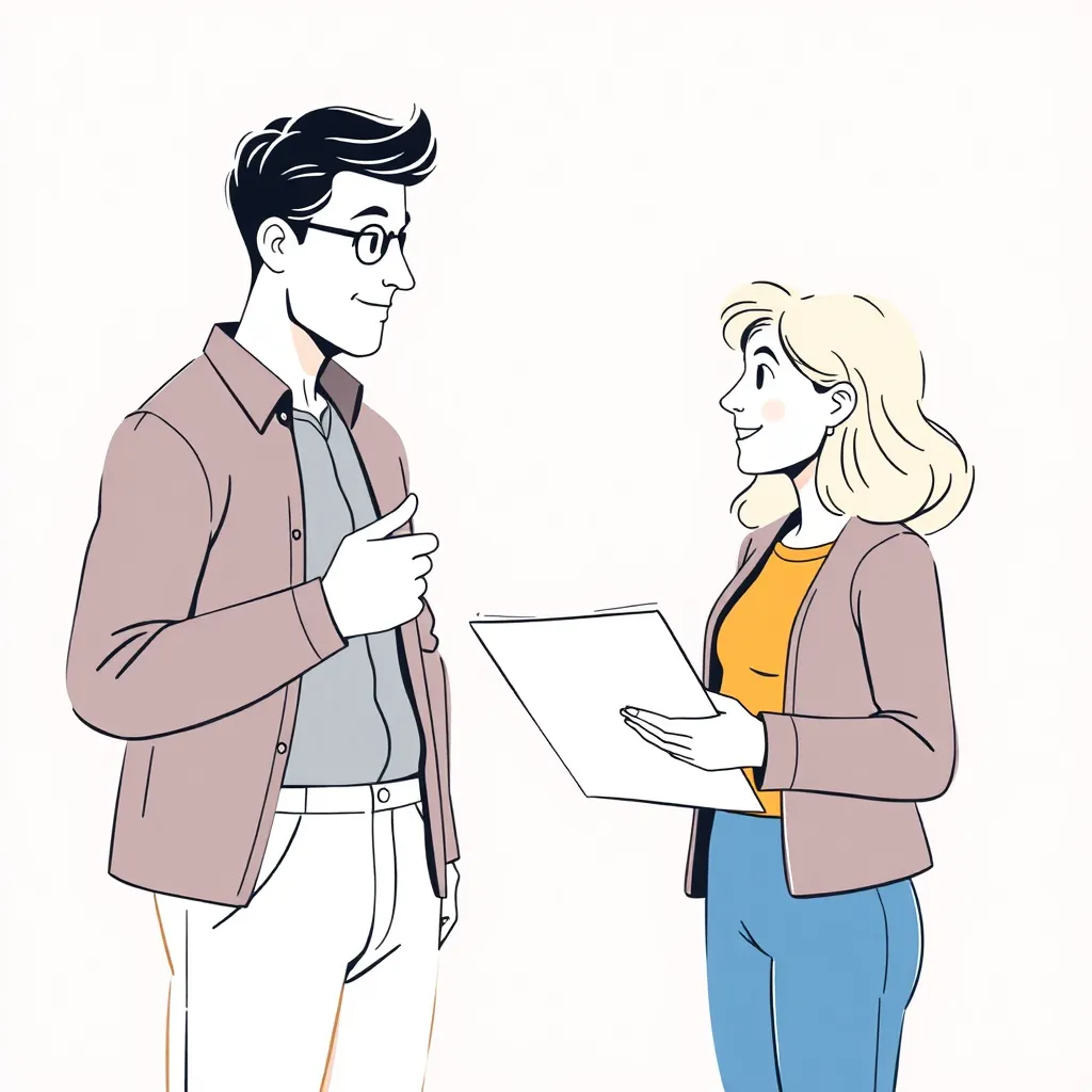 Illustration of two people discussing plans, one holding a clipboard