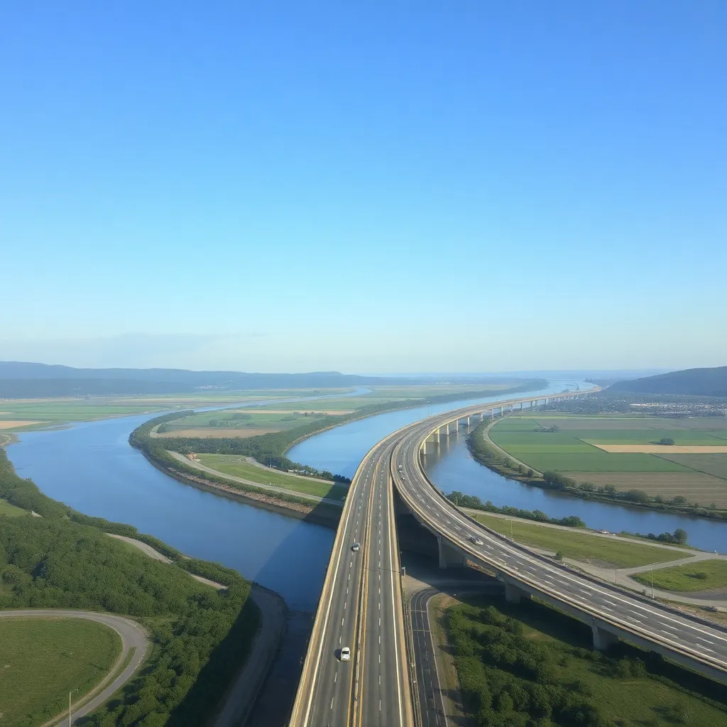 Highway and river landscape with bridge and green fields