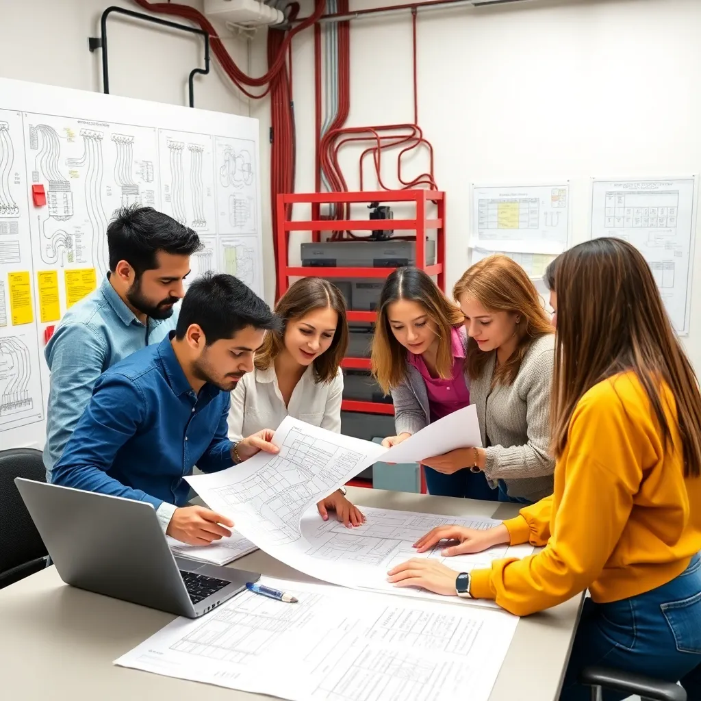 Team of professionals collaborating in an electrical engineering office with blueprints and laptops
