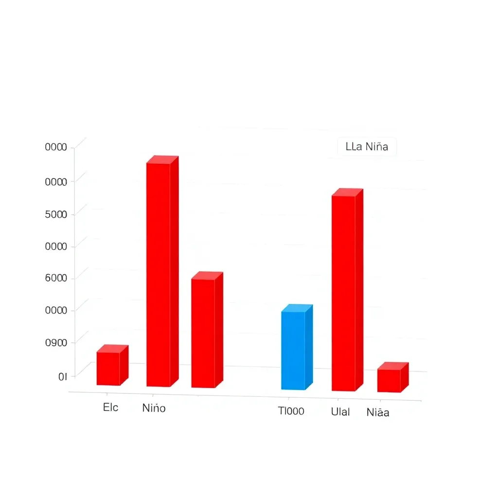 3D bar chart showing ENSO data with red bars labeled El Niño and blue bars labeled La Niña