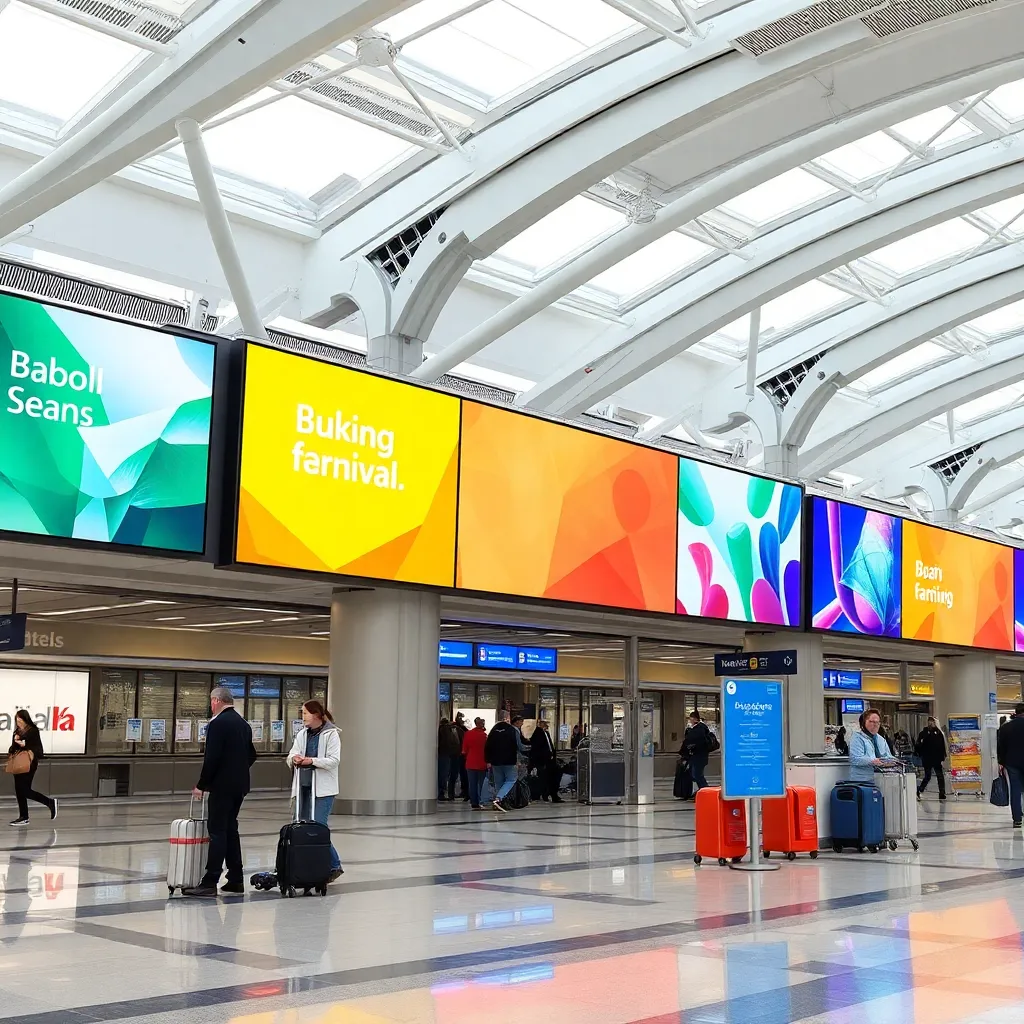 Airport terminal with large digital brand advertisements