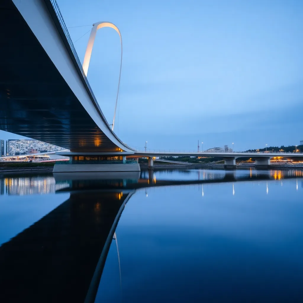 Photo of a modern bridge with its reflection in calm water below
