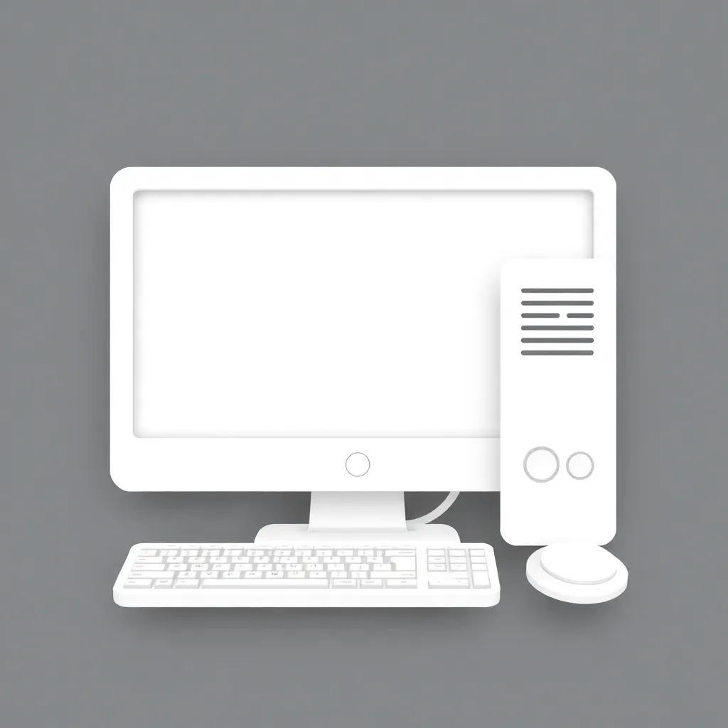 White computer desktop icon with monitor, keyboard, and tower