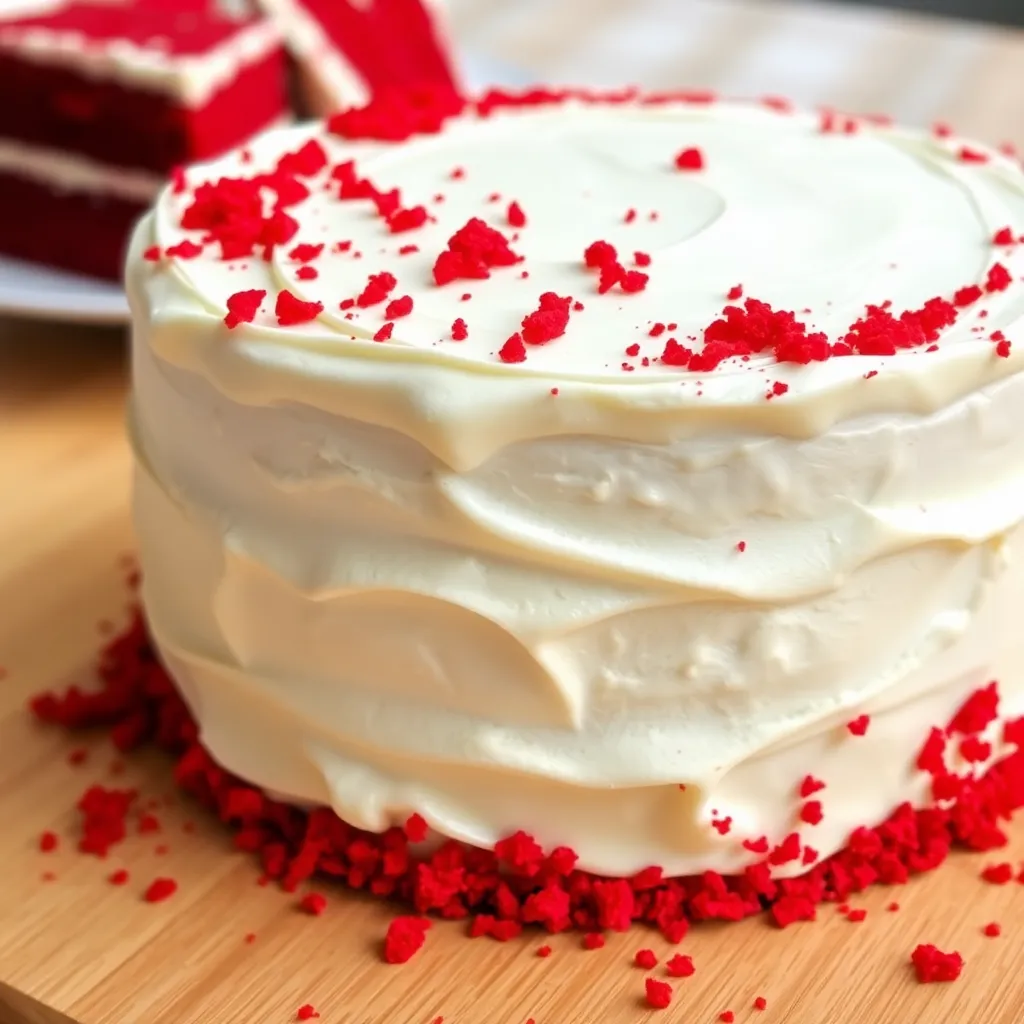 Kek Red Velvet Klasik - soft red velvet cake with creamy cream cheese frosting, decorated with red crumbs