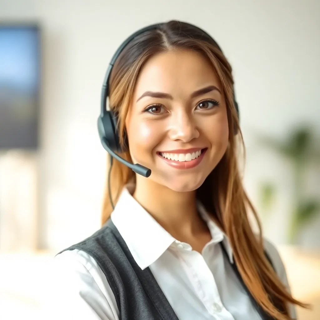 Portrait of a female customer support specialist smiling with headset and light background