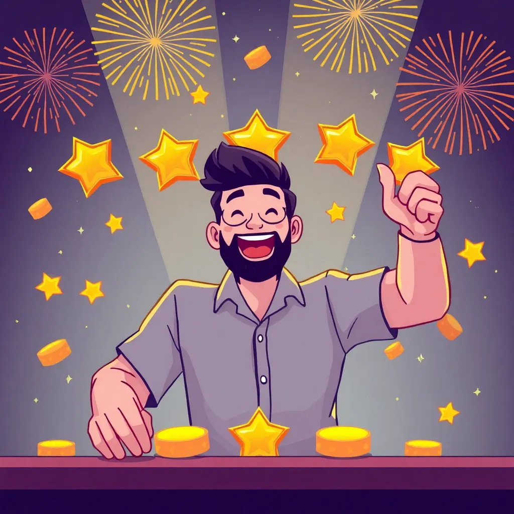 Illustration of a player celebrating multiple wins in a row with bonus percentage icons and fireworks