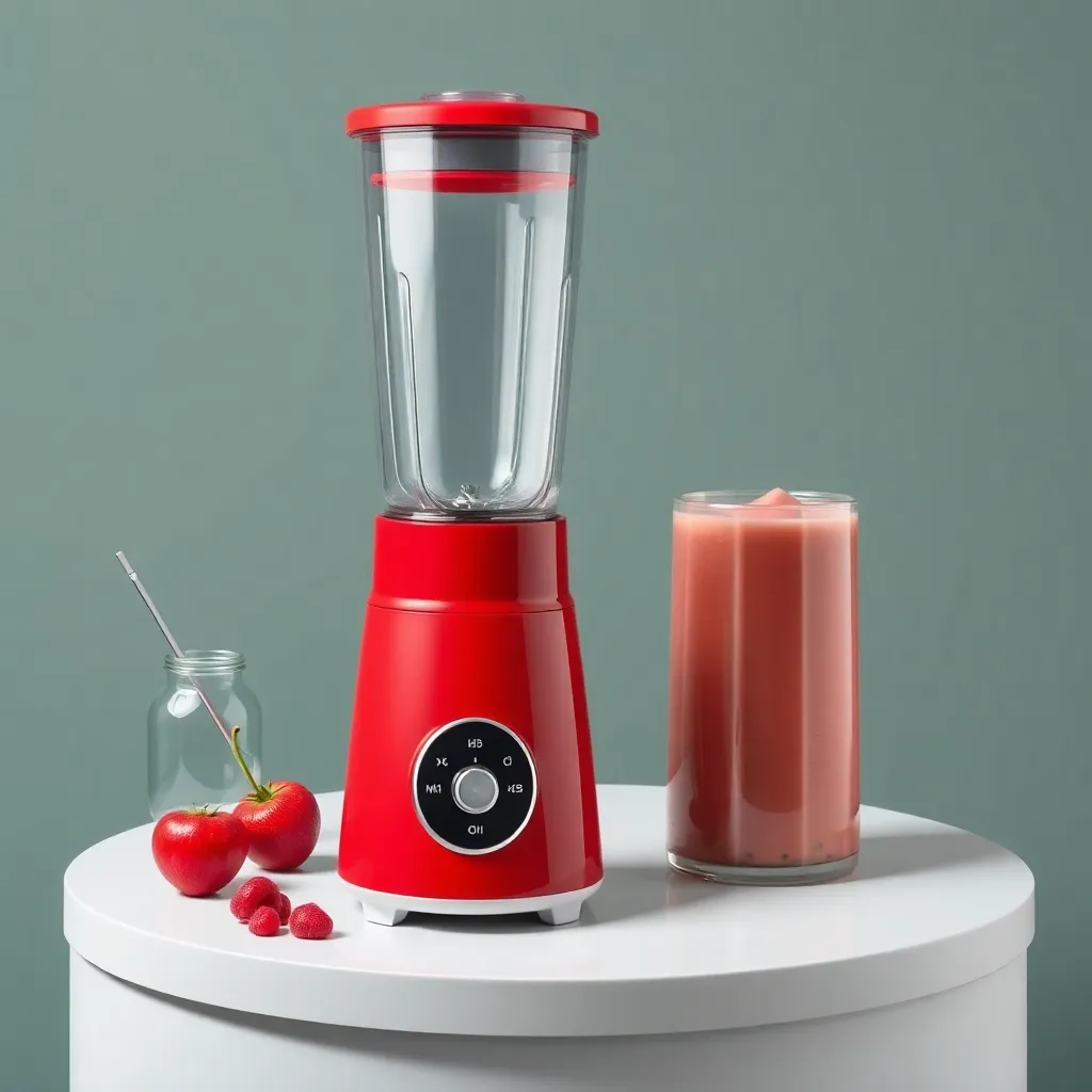 Blender elektrik warna merah dengan desain modern dan tombol kontrol digital