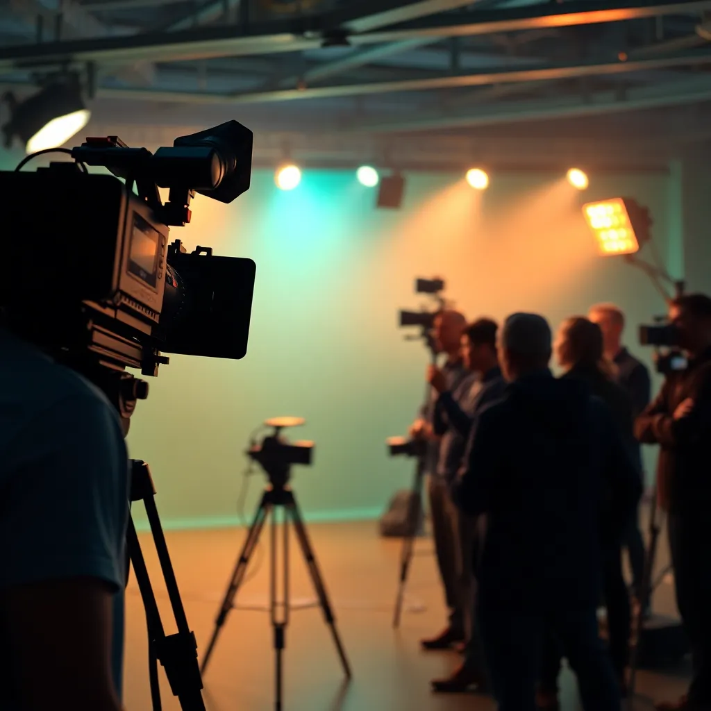 Creative ad film production scene with camera and crew in teal and navy palette