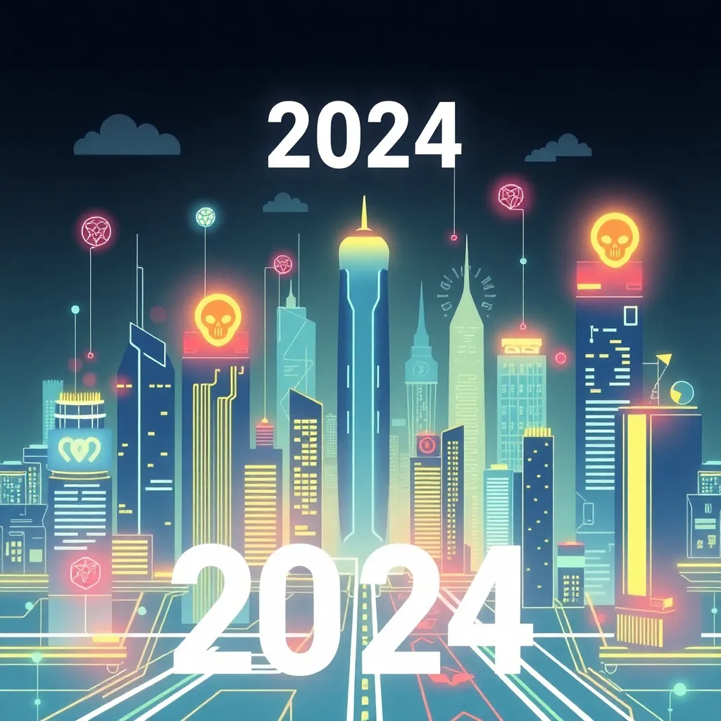 Illustration showing a futuristic digital city with cyber threats icons representing the cybersecurity threat landscape in 2024