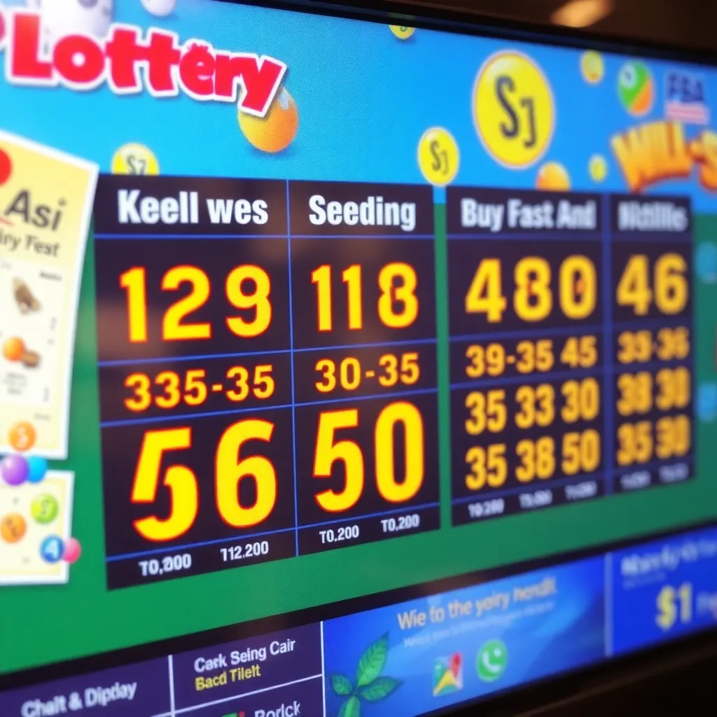 Lottery tickets and draw numbers displayed on a digital screen with colorful graphics