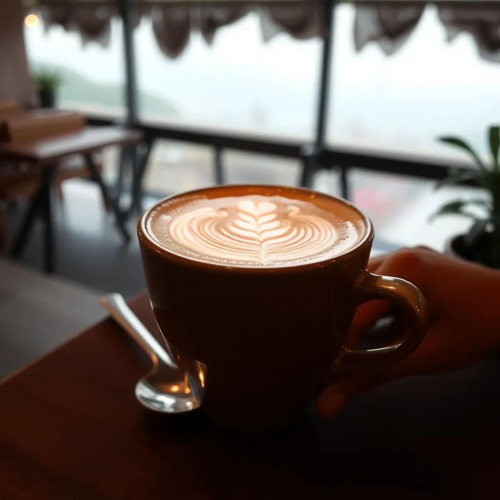 Cangkir kopi latte art berbentuk daun dengan latar belakang jendela yang menampilkan pemandangan senja