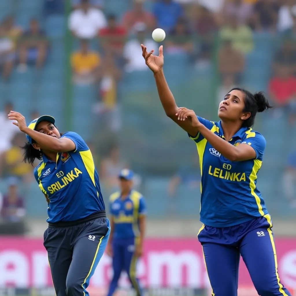 Sri Lanka Women bowlers delivering the ball during the 3rd ODI match at R. Premadasa Stadium, wearing blue and yellow cricket uniforms, intense focus on bowling