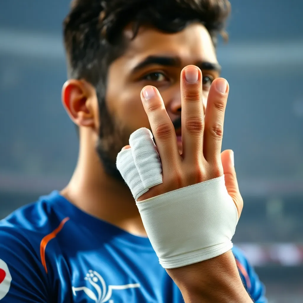 Close-up image of cricket player Nitish Rana with finger bandaged, showing injury during IPL match, stadium blurred in background