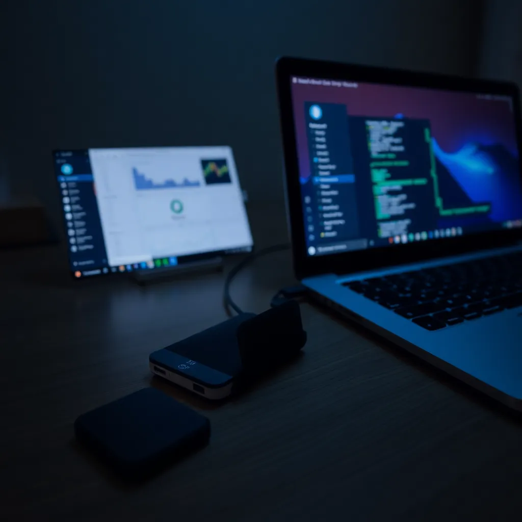 Ledger hardware wallet device connected to laptop running Ledger Live Desktop app