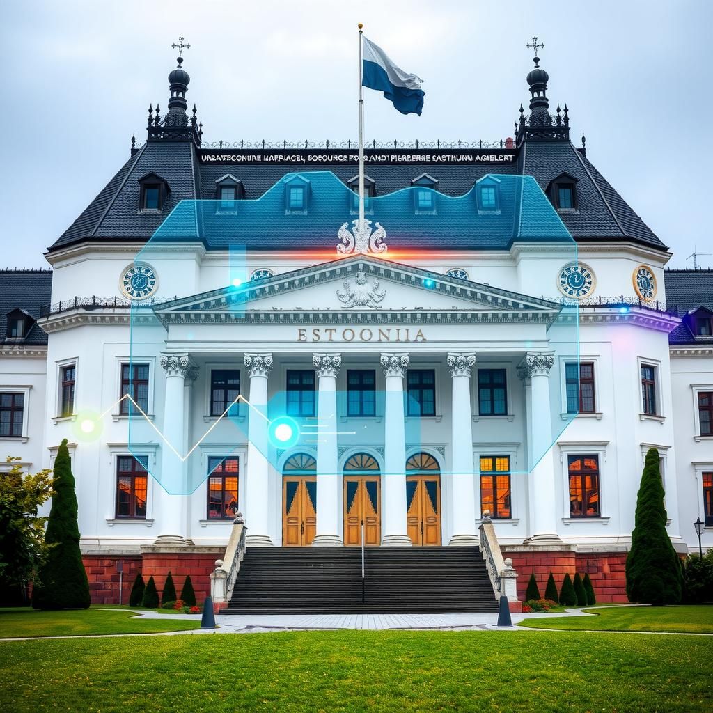 Estonian government building with digital data overlays representing AI policy