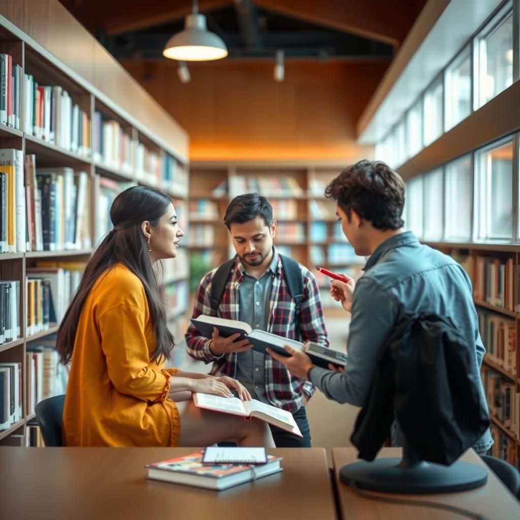 Imagem de um grupo de estudantes discutindo em uma biblioteca