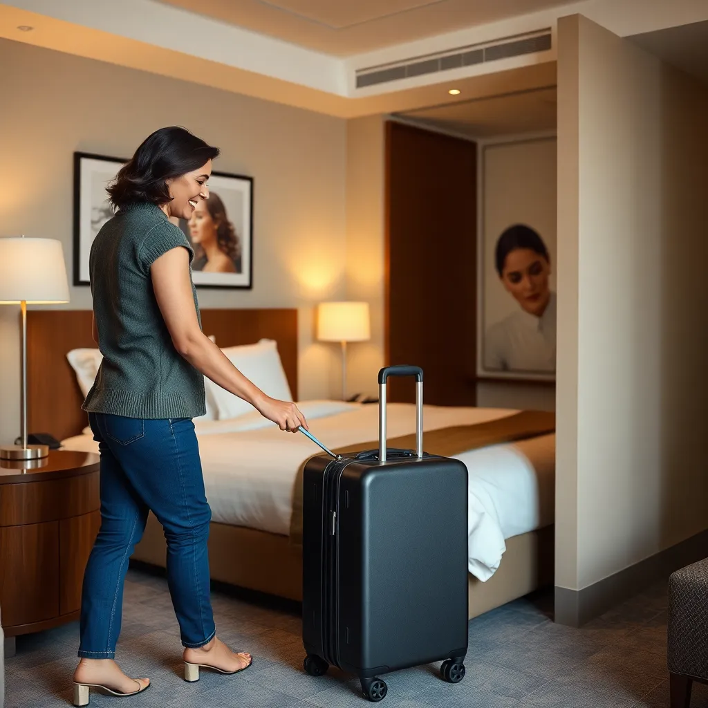 Woman packing suitcase in hotel room