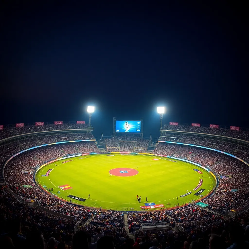 A packed Sawai Mansingh Stadium in Jaipur during a day-night IPL cricket match with vibrant crowd and floodlights