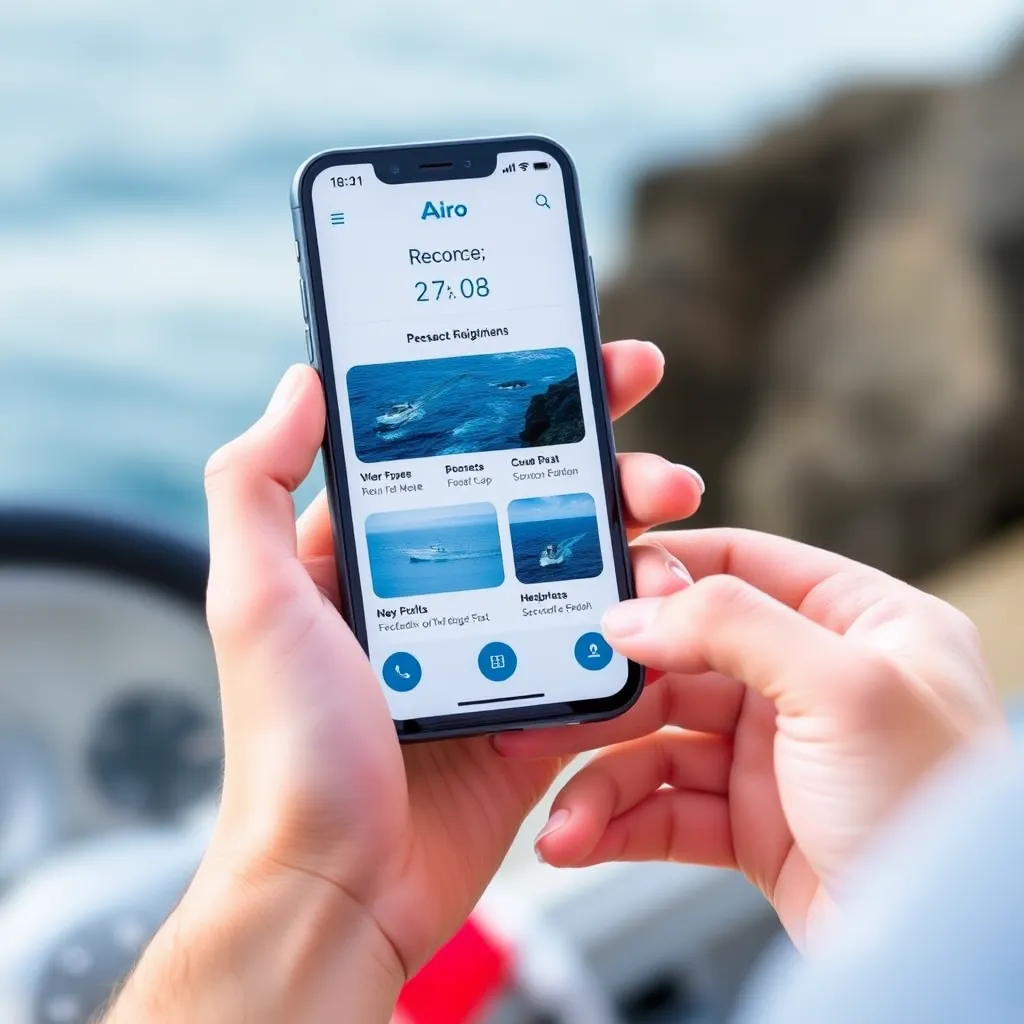 Hands holding a smartphone displaying the Airo Marine mobile app interface