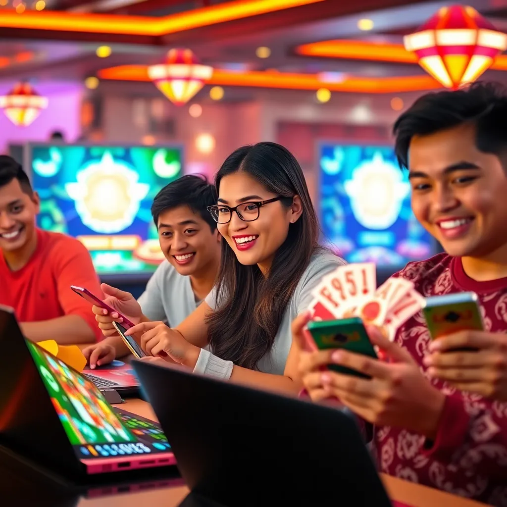 Diverse group of happy gamers playing online casino games on laptops and smartphones with glowing bonus symbols and Indonesian currency, vibrant and colorful digital art