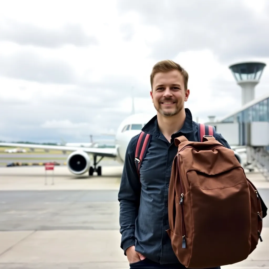 Man with backpack standing in front of airplane at airport terminal, cloudy sky and runway background