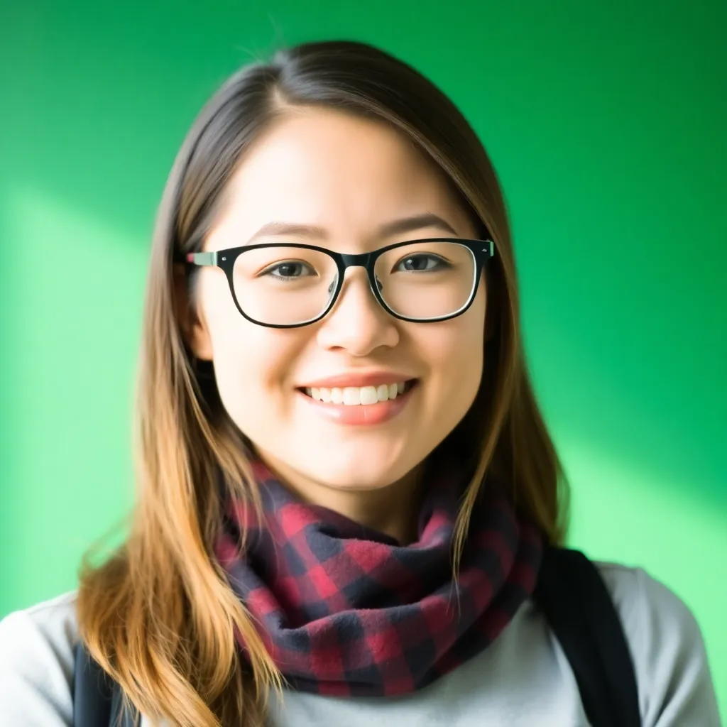 Portrait of a female student with glasses smiling, green background