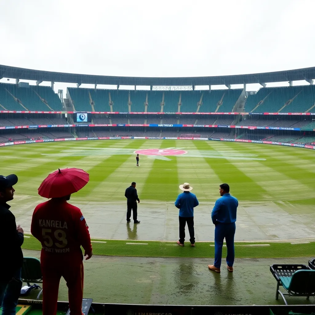 A cricket stadium under heavy rain with players and umpires inspecting the wet outfield at Eden Gardens during IPL 2025