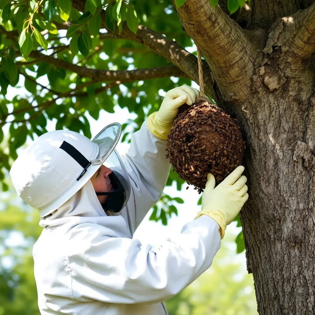 Bee removal service with pest control technician safely removing a bee hive from a tree