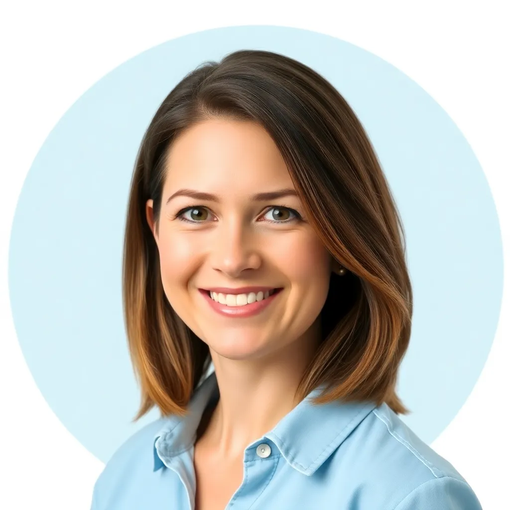 Portrait of a smiling woman with brown hair wearing a light blue shirt on a light blue circular background
