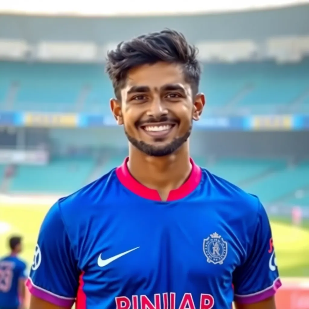 Portrait of Kunal Singh Rathore, young Indian cricketer in Rajasthan Royals jersey smiling confidently with stadium background