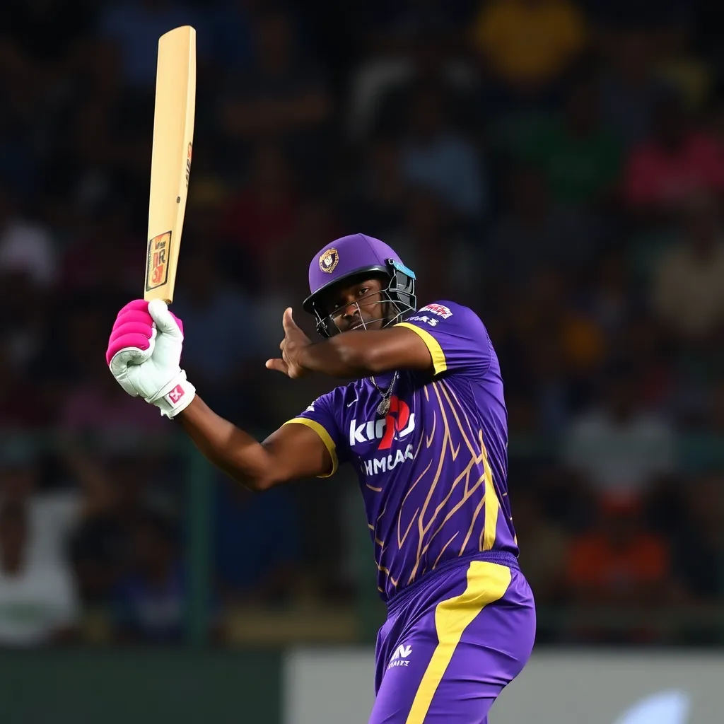 Andre Russell hitting a powerful six during IPL 2025 match, wearing KKR purple and gold jersey