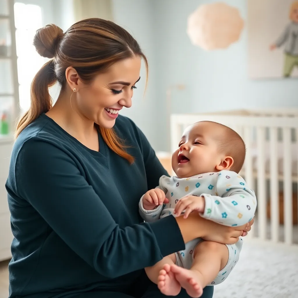 Baby caretaker playing with infant at home, a smiling baby caretaker gently playing with a happy infant in a bright nursery