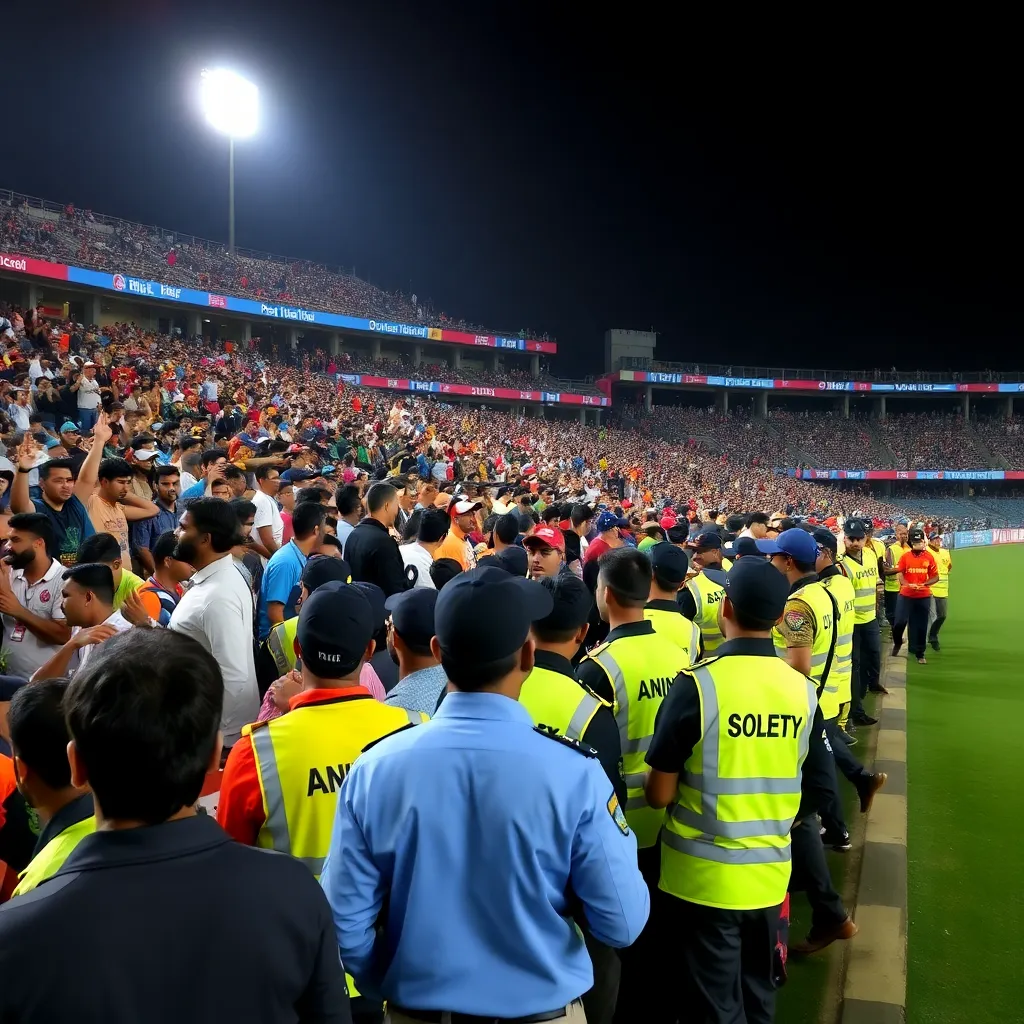 A crowded IPL stadium showing fans and security personnel monitoring the crowd to ensure player safety