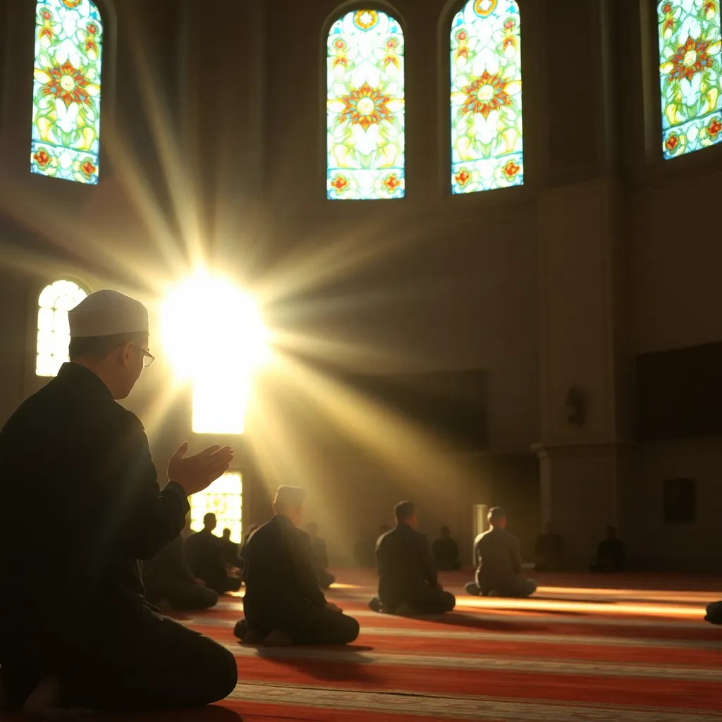 A Muslim person performing Shalat prayer inside a mosque with sunlight streaming through stained glass windows