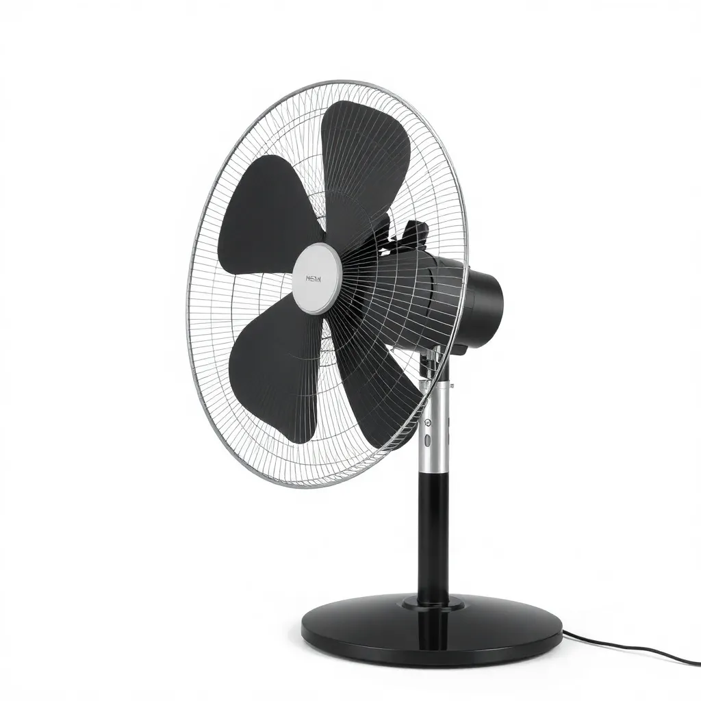 Side view of a standing fan with black base and black blades