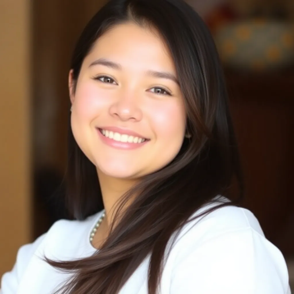 Portrait of a young woman with long hair and bright smile