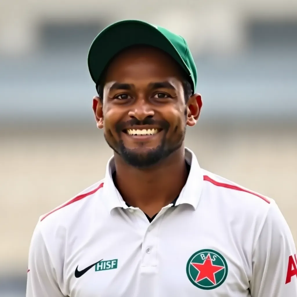Portrait of Taijul Islam, Bangladesh spinner, wearing cricket whites and cap, smiling