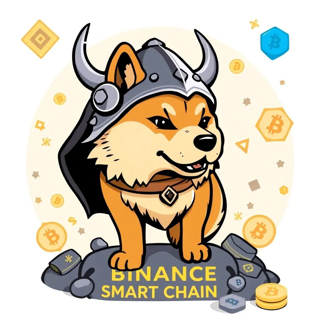 Illustration of a Shiba Inu dog with Viking helmet standing on Binance Smart Chain logo, surrounded by crypto tokens and blockchain symbols