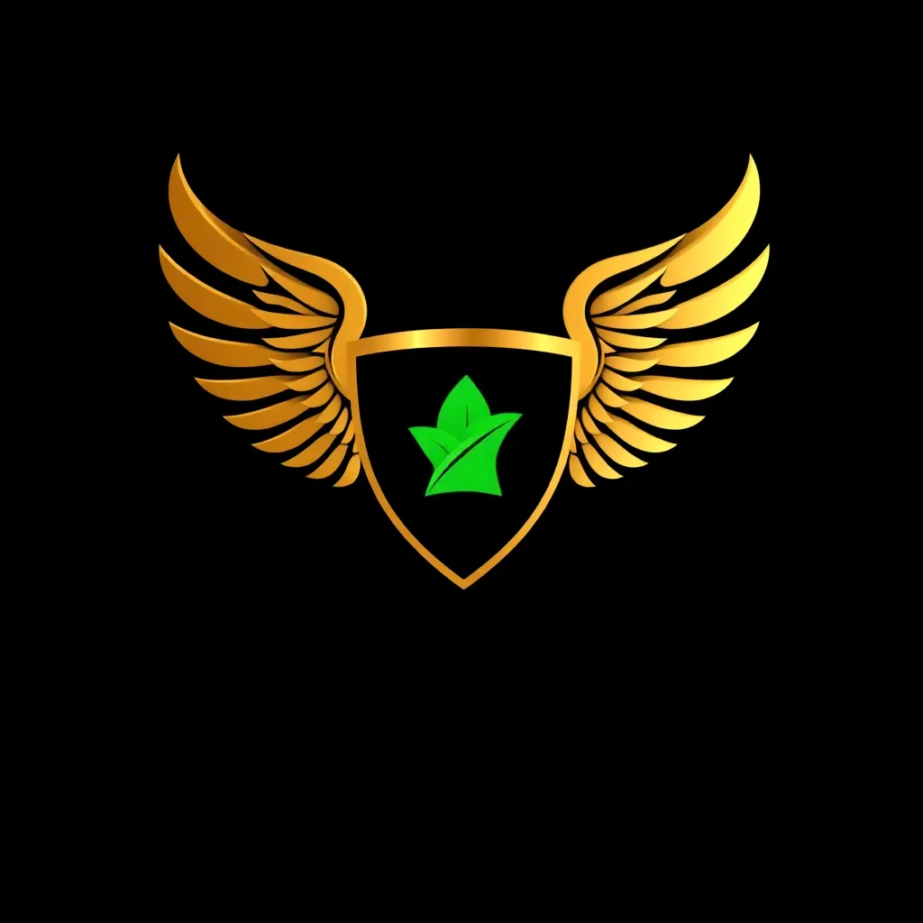 Golden wing trophy with green icon on black background