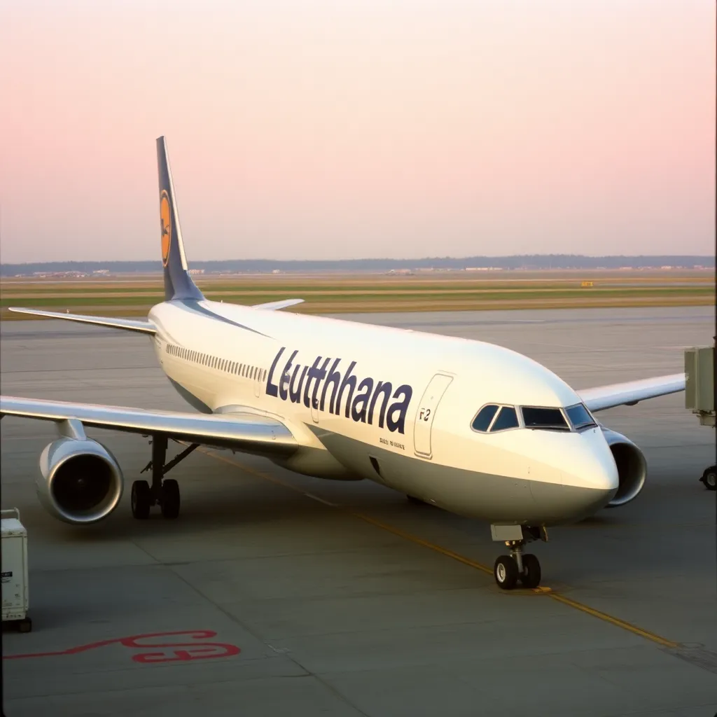 Early 1990s Lufthansa airplane parked at an airport with vintage livery, showing the dawn of the Miles & More program