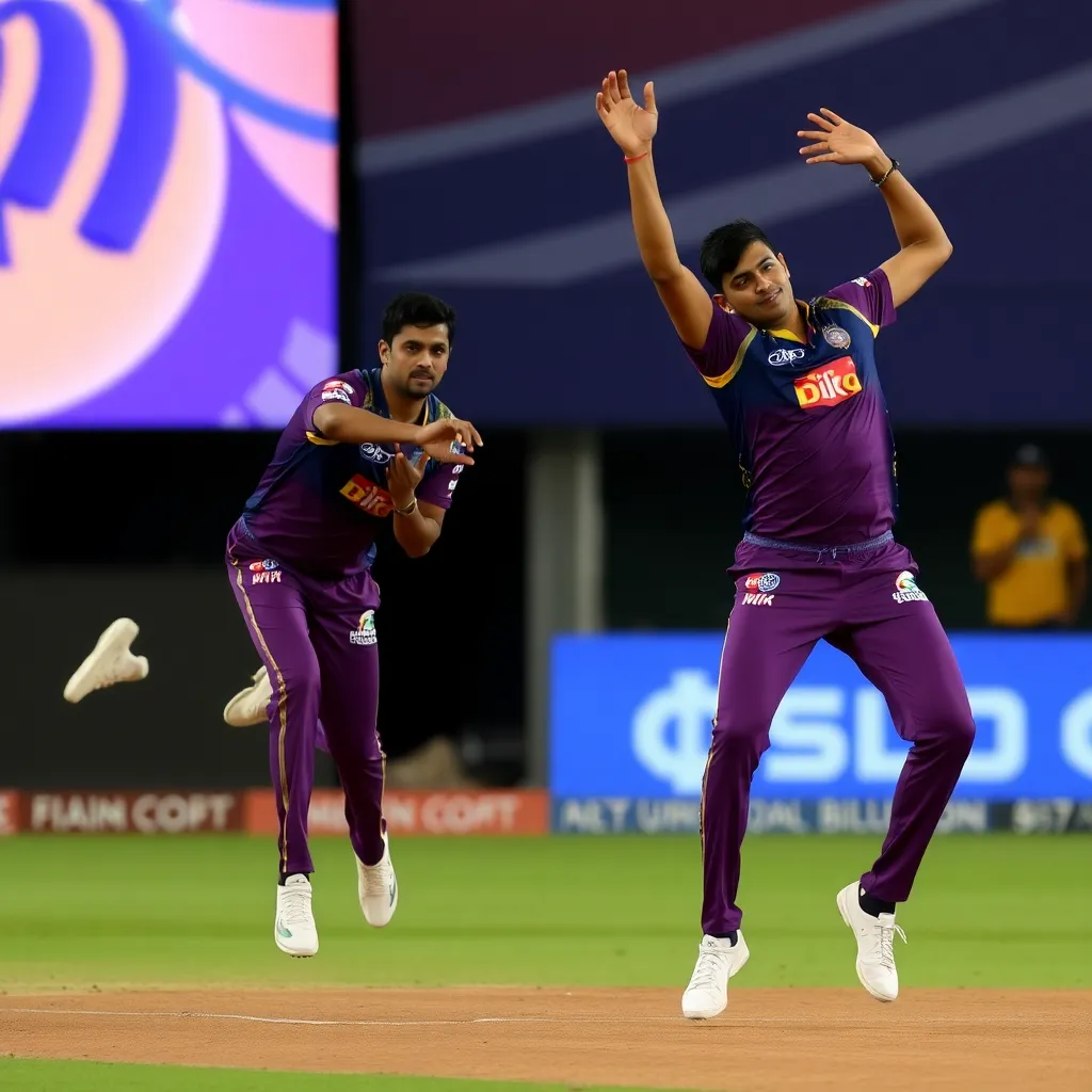 KKR spinners Sunil Narine and Varun Chakravarthy bowling in tandem during IPL 2025 match at Eden Gardens
