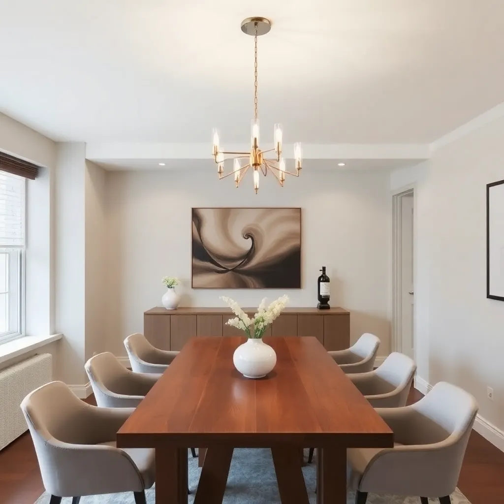 Elegant dining room interior with modern chandelier, wooden table, and stylish chairs