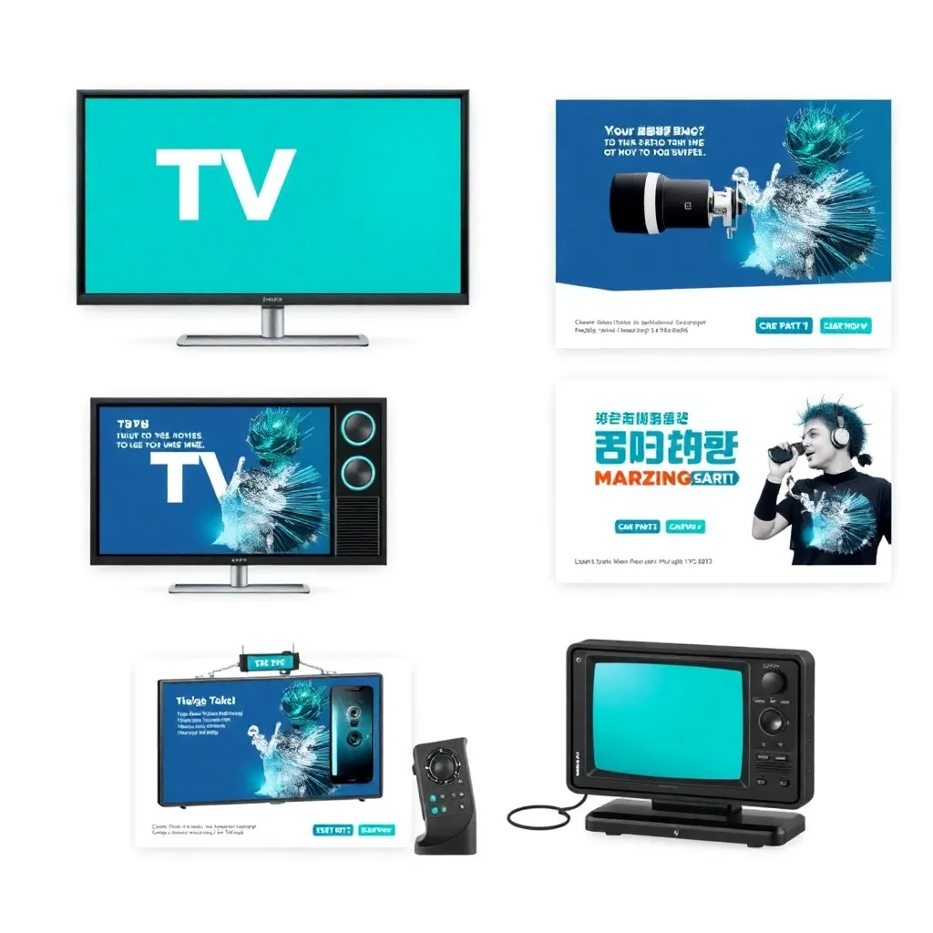 Traditional mass media marketing with TV, radio, and print ads in teal and navy color scheme