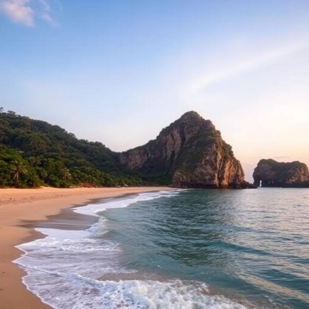 Pemandangan pantai dengan ombak tenang dan langit senja berwarna oranye