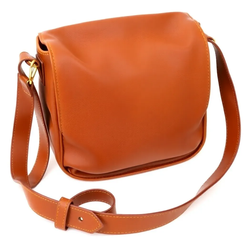Brown leather shoulder bag with strap on white background